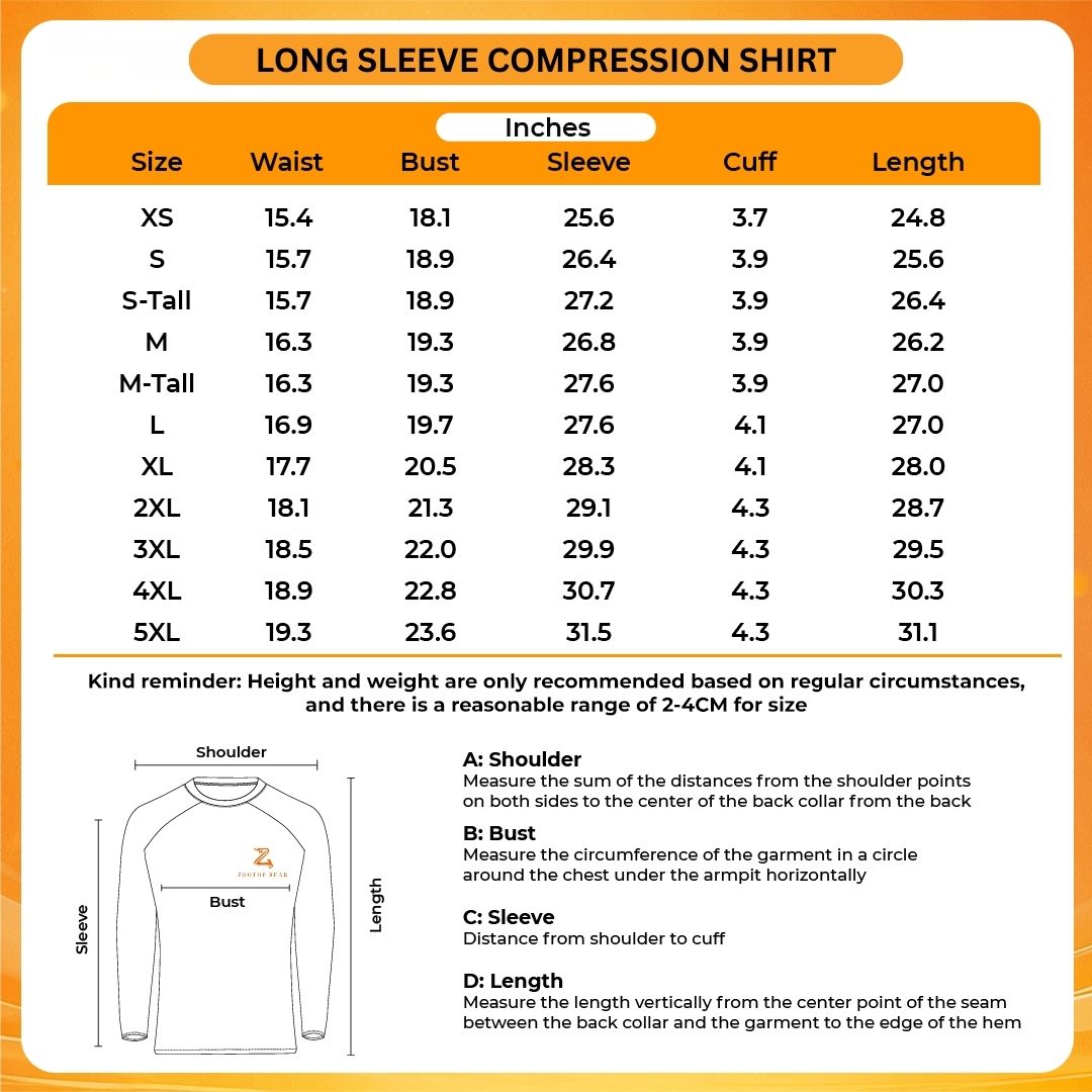Long Compression shirt Size chart 1 - FNaF UK Shop